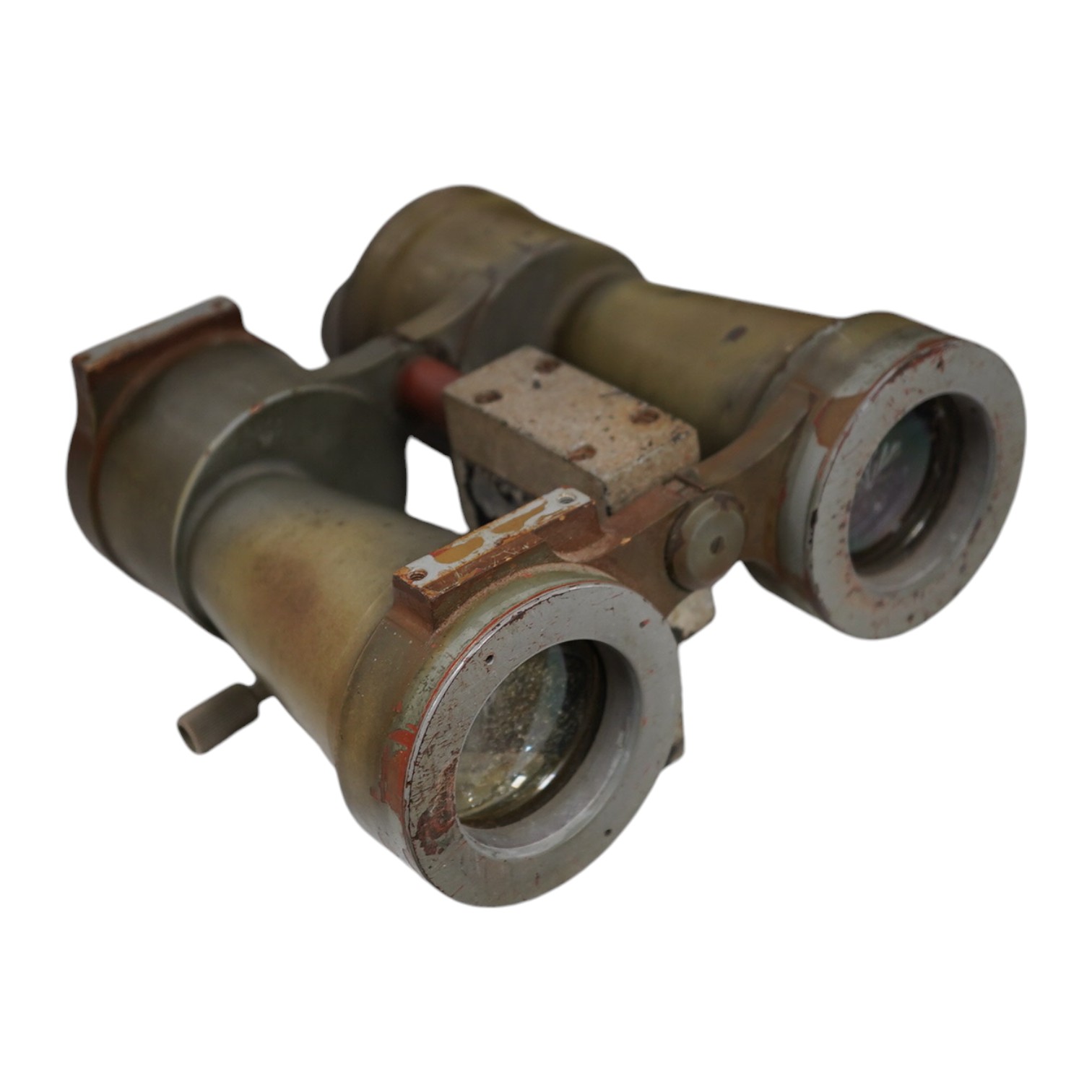 A pair of WWII German U boat coning tower binoculars stamped; U.D.F. 7x50 317971 blc, 20.5cm long. Condition - poor, all lenses damaged, one shattered, and general wear overall.